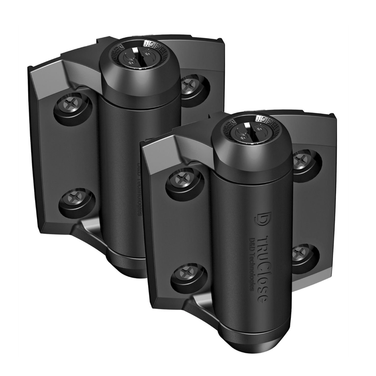 Pair of D&D TruClose self-closing pool gate hinges with legs in black, tension-adjustable - Click Fencing Perth