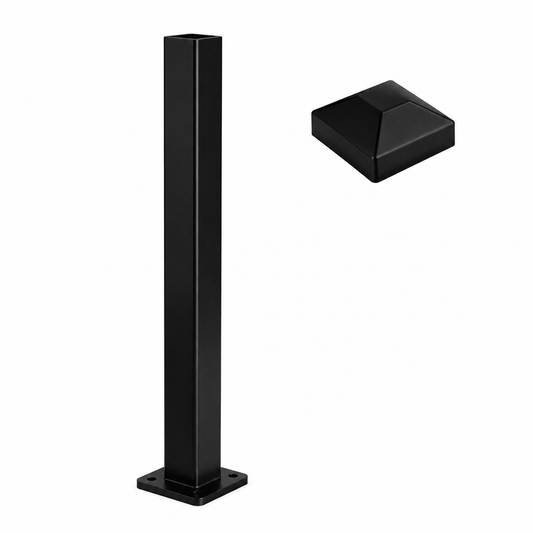Black 50x50x1900mm square aluminium pool fence post with base and cap - Click Fencing Perth