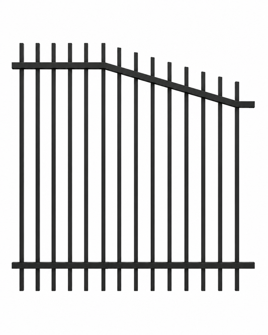 Satin black left-high Blade Pool Fencing raked panel, 1252mm - Click Fencing Perth