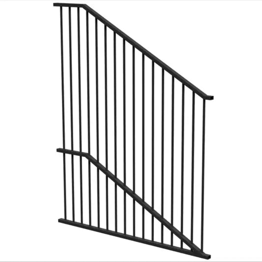 Flat Top Tubular Pool Fencing sloped raked panel, black aluminium with stepped mid rail - Click Fencing Perth