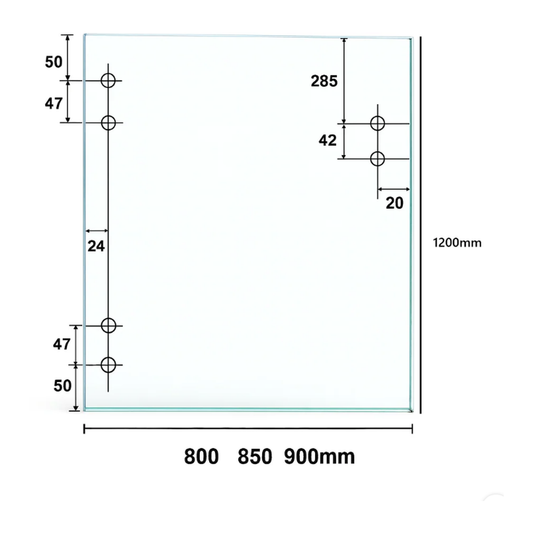 Toughened frameless glass pool gate 12mm — hole layout: hinge holes 50mm and 97mm from each end, 24mm in from the edge; latch holes 285mm and 327mm from the top, 20mm in from the edge