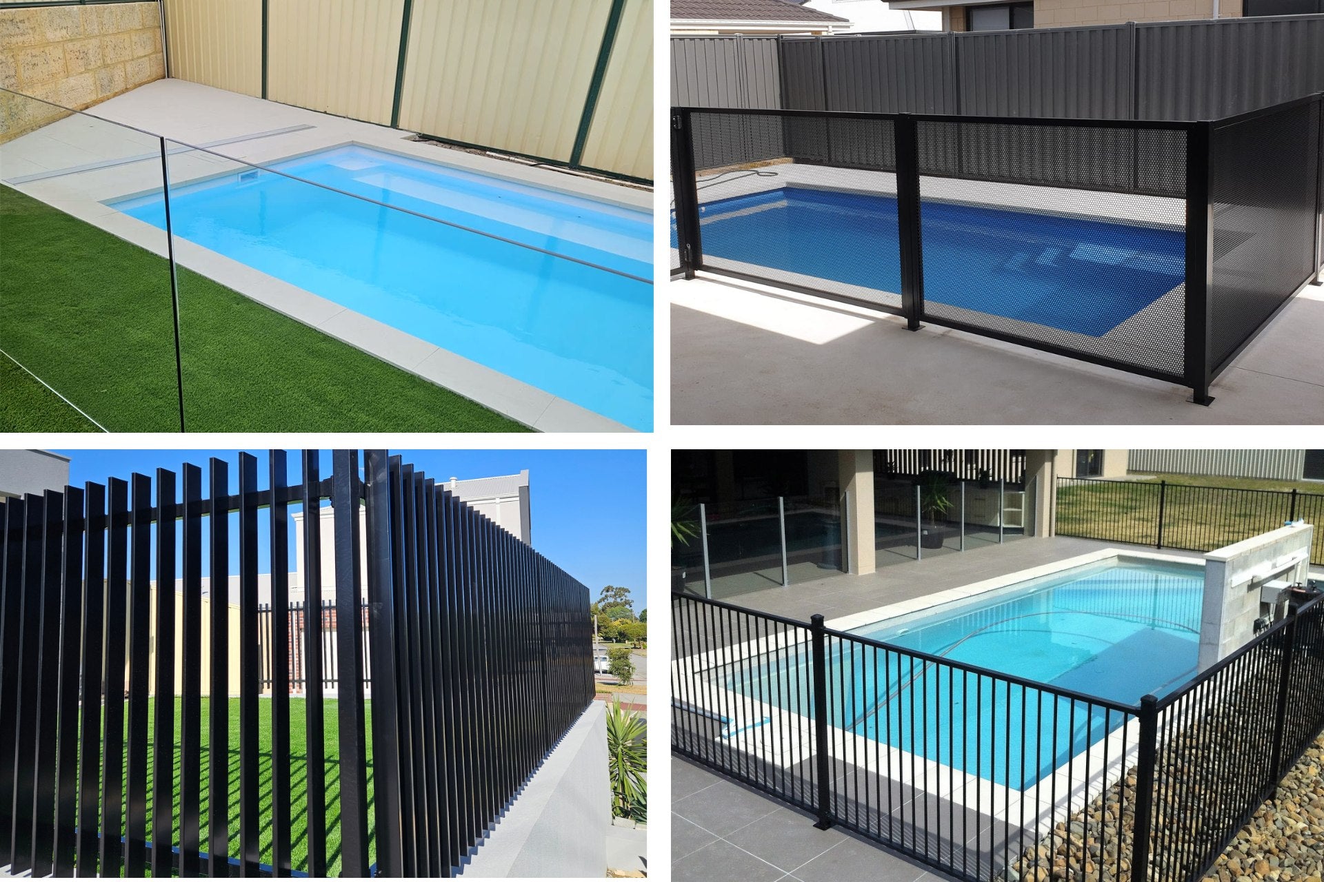 Four pool fence styles: frameless glass, perforated mesh, blade and flat top